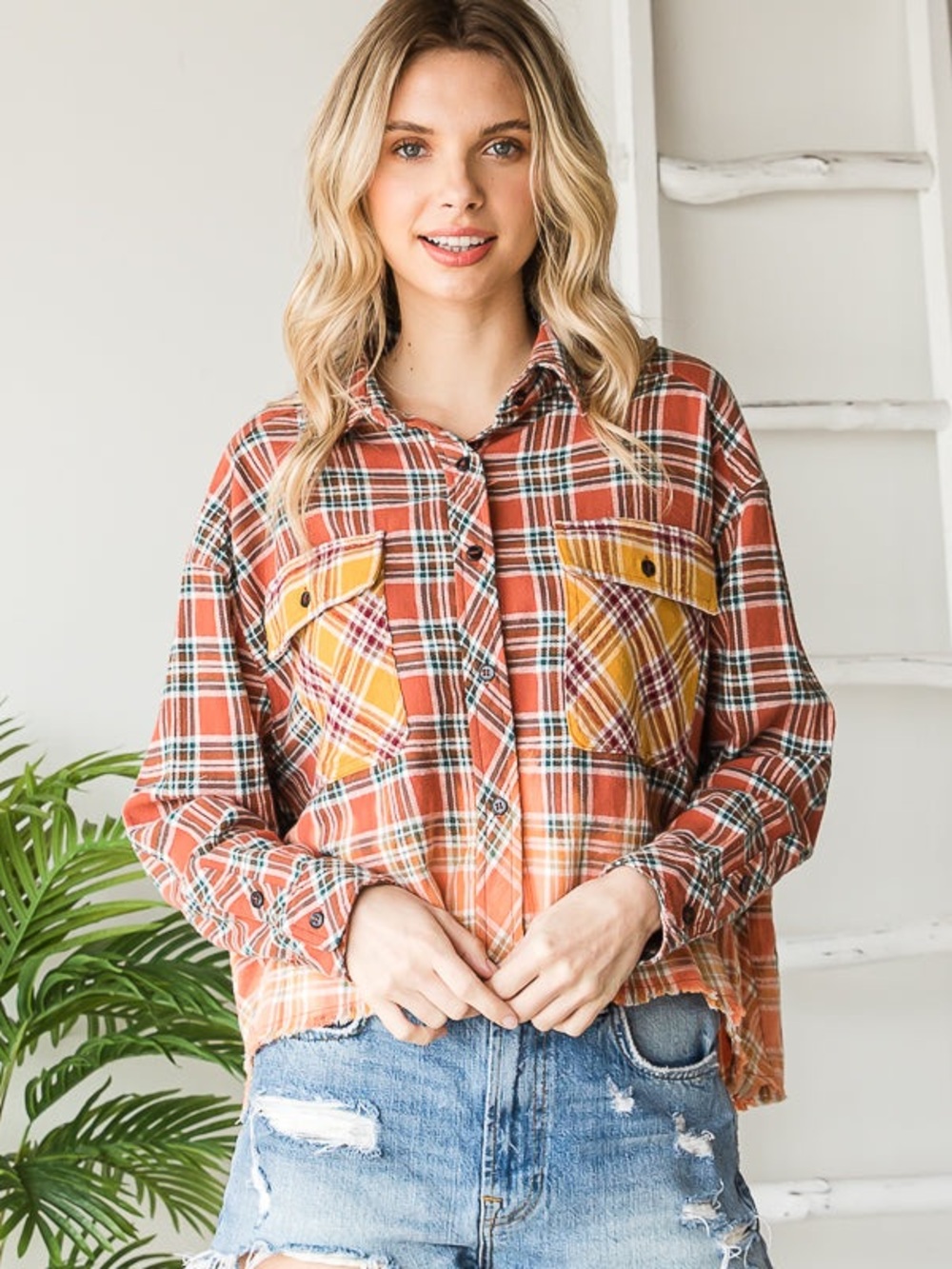 Oli & Hali Bleached Washed Plaid Shirt